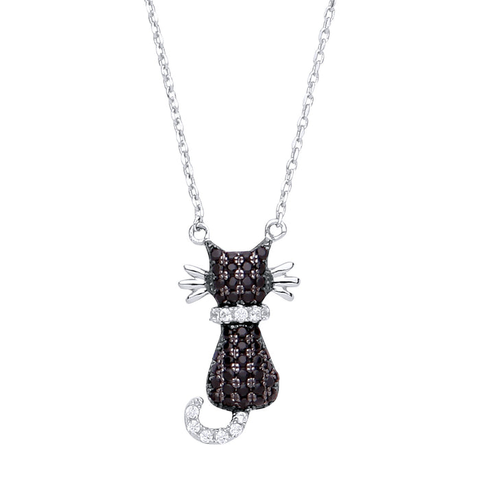 Silver  Black CZ Kitty Cat Charm Necklace 16 inch - GVK234