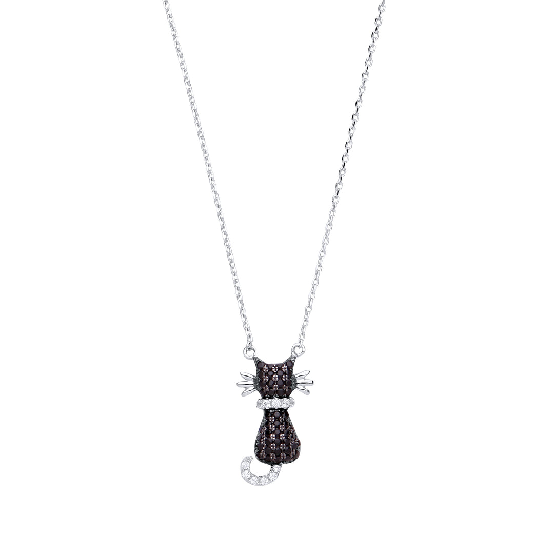 Silver  Black CZ Kitty Cat Charm Necklace 16 inch - GVK234