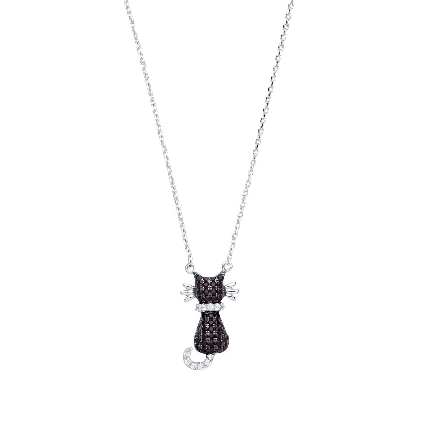 Silver  Black CZ Kitty Cat Charm Necklace 16 inch - GVK234