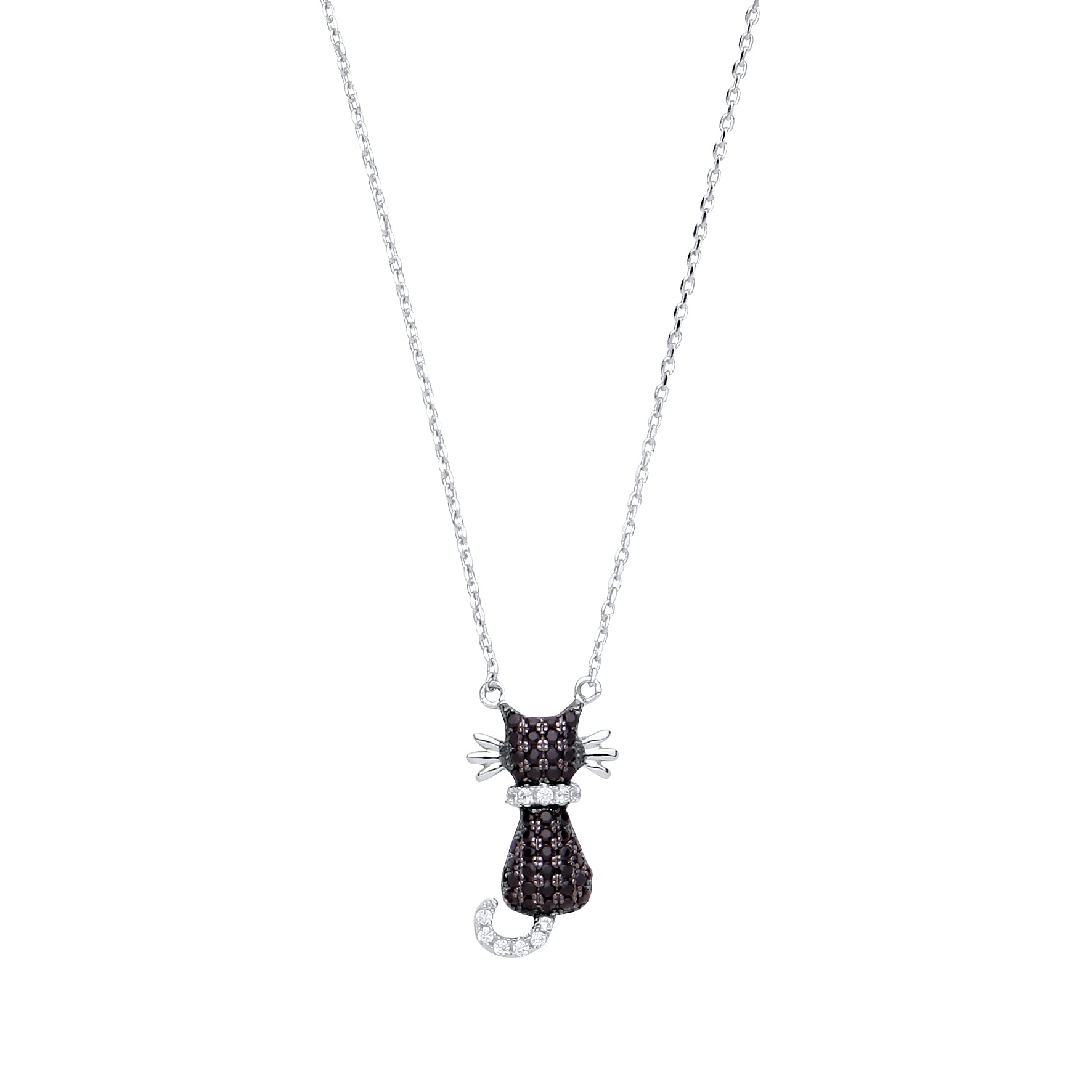 Silver  Black CZ Kitty Cat Charm Necklace 16 inch - GVK234