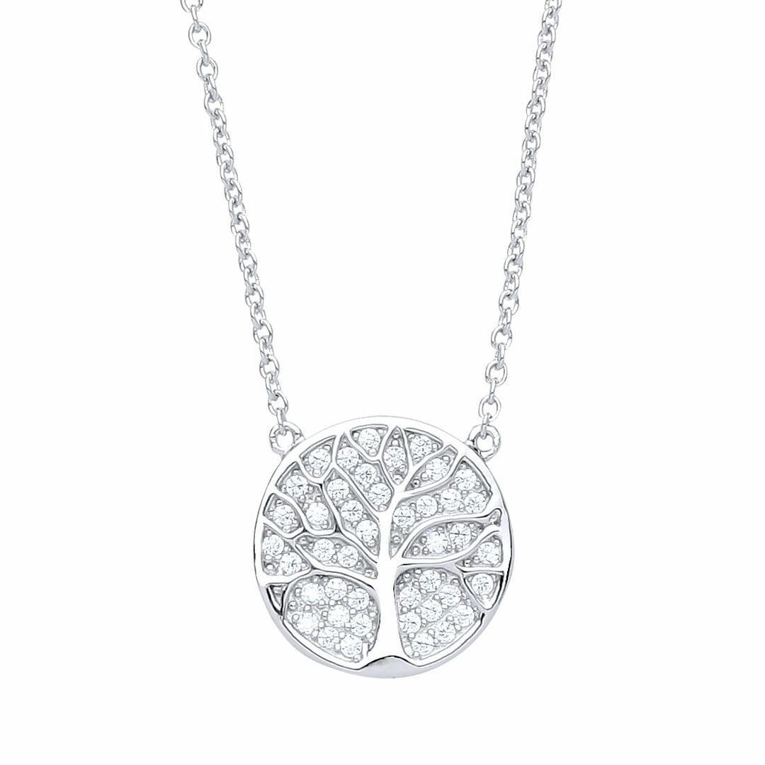 Silver  CZ Tree of Life Pave Charm Necklace 16 + 2 inch - GVK236