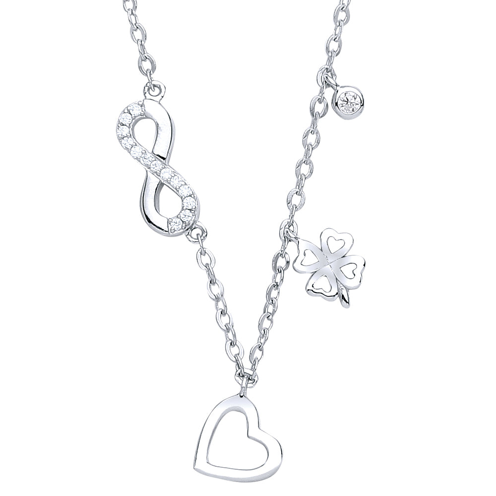 Silver  CZ Infinity Lucky Love Heart Charm Necklace 15 + 2 inch - GVK237