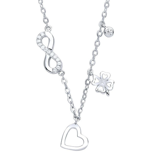 Silver CZ Infinity Lucky Love Heart Charm Necklace 15 + 2 inch - GVK237