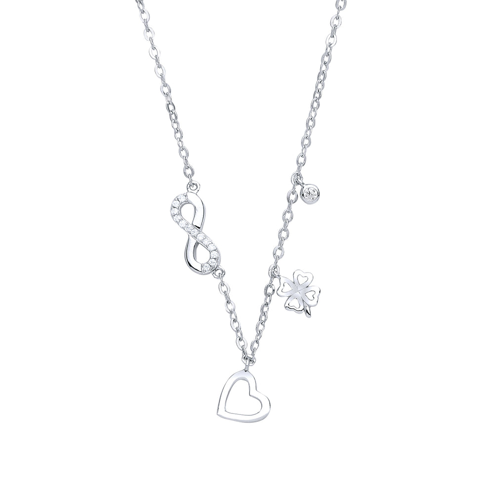 Silver  CZ Infinity Lucky Love Heart Charm Necklace 15 + 2 inch - GVK237