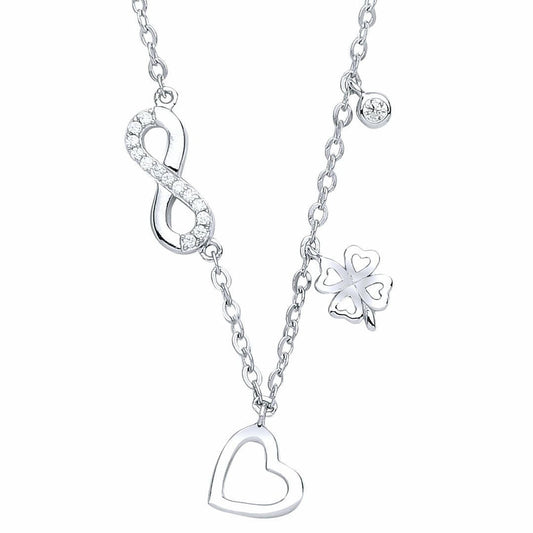 Silver  CZ Infinity Lucky Love Heart Charm Necklace 15 + 2 inch - GVK237
