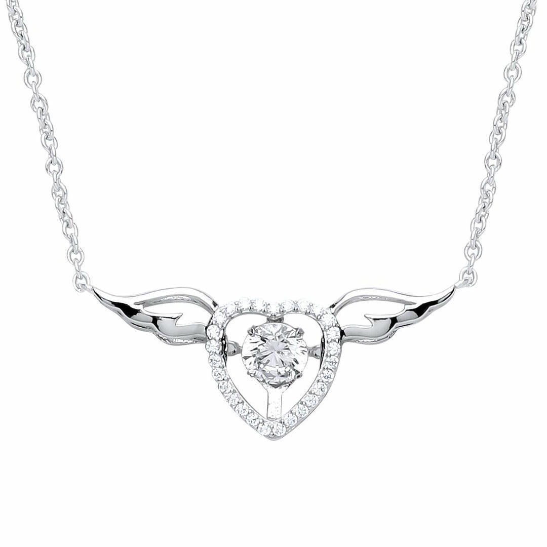 Silver  CZ Love Heart Angel Wings Charm Necklace 15 + 2 inch - GVK238