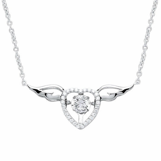 Silver  CZ Love Heart Angel Wings Charm Necklace 15 + 2 inch - GVK238