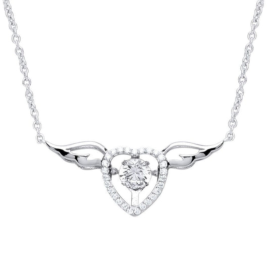 Silver  CZ Love Heart Angel Wings Charm Necklace 15 + 2 inch - GVK238