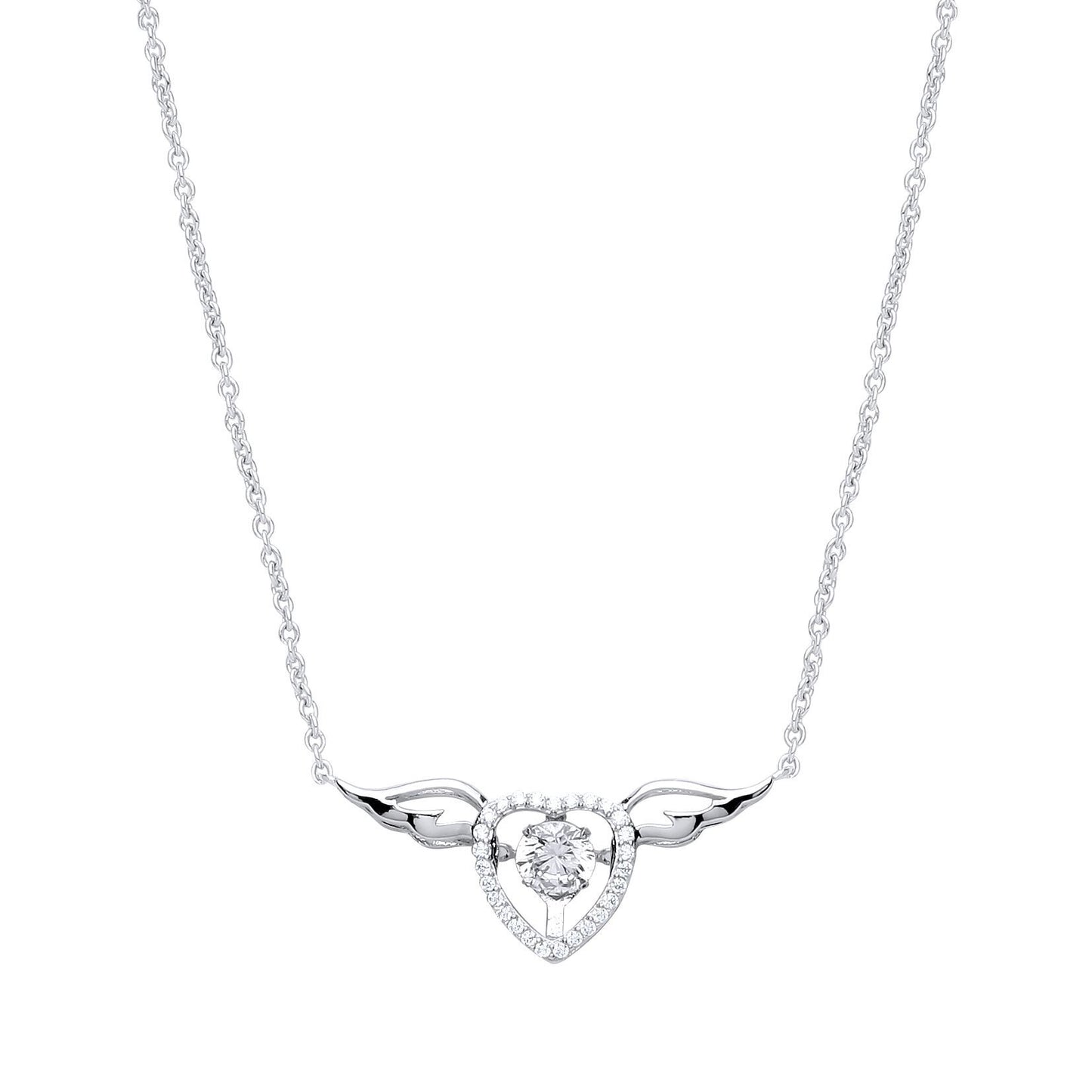 Silver  CZ Love Heart Angel Wings Charm Necklace 15 + 2 inch - GVK238