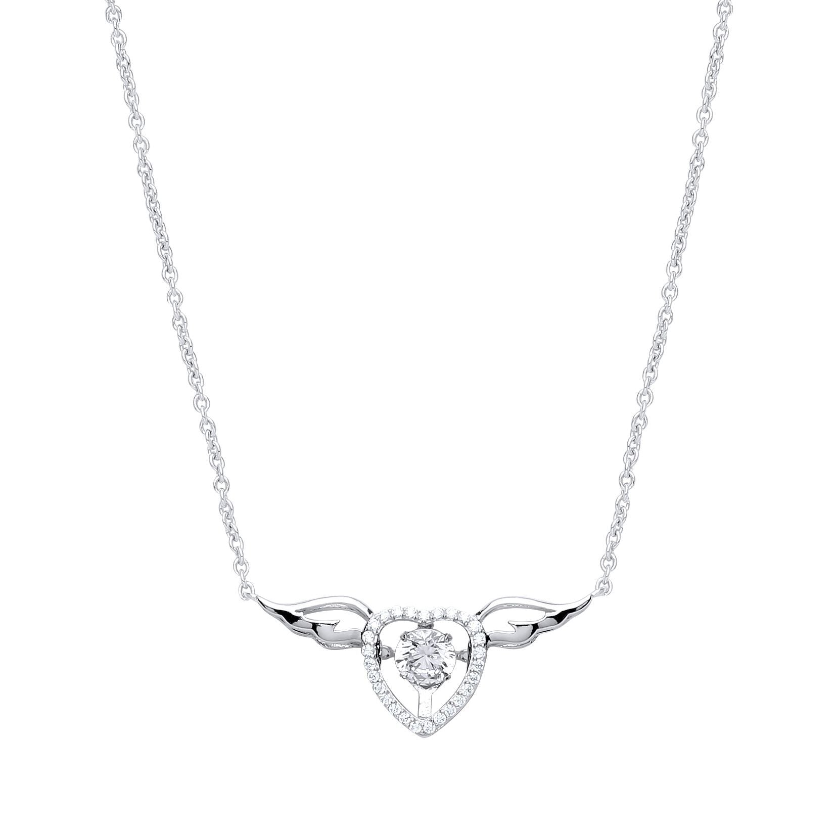 Silver  CZ Love Heart Angel Wings Charm Necklace 15 + 2 inch - GVK238