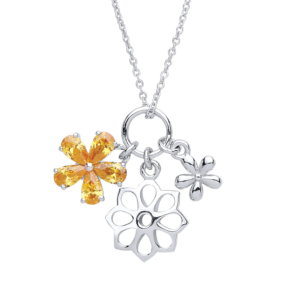 Silver  Yellow pear CZ Daisy Flower Charm Necklace 16 + 2 inch - GVK242
