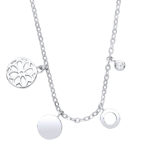 Silver  CZ Round Disc Charm Necklace 16 + 2 inch - GVK243
