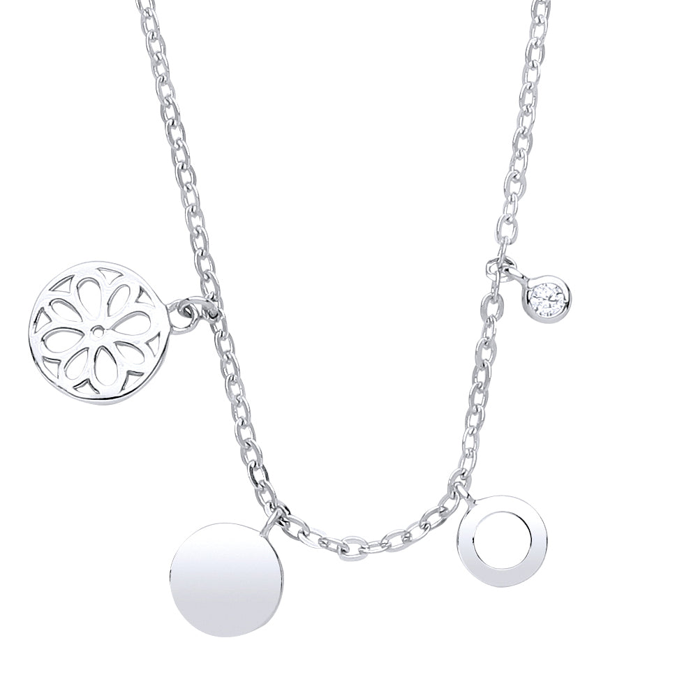 Silver  CZ Round Disc Charm Necklace 16 + 2 inch - GVK243