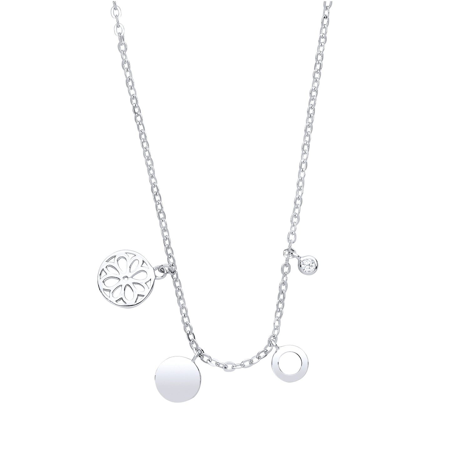 Silver  CZ Round Disc Charm Necklace 16 + 2 inch - GVK243