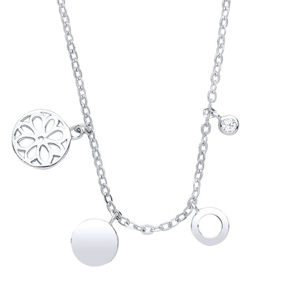 Silver  CZ Round Disc Charm Necklace 16 + 2 inch - GVK243