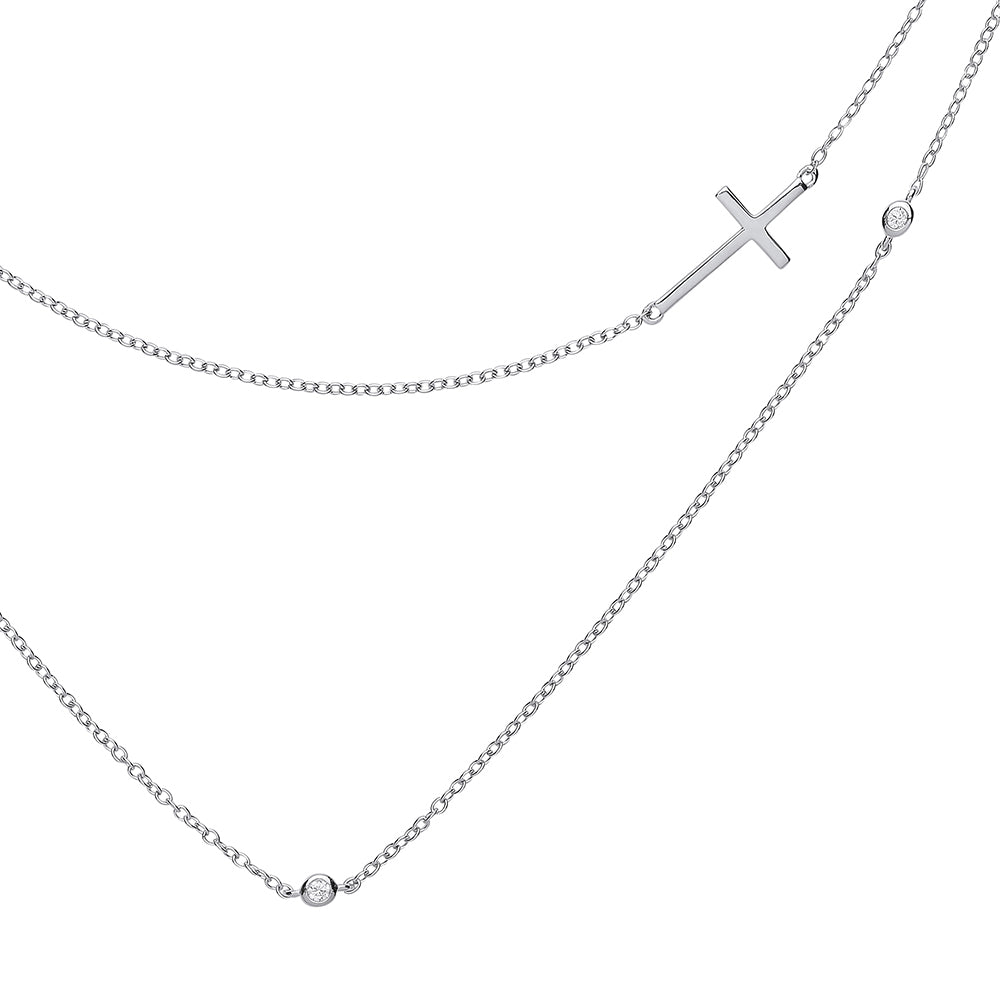 Silver  CZ Sideways Cross Bead Necklace 18 inch - GVK247