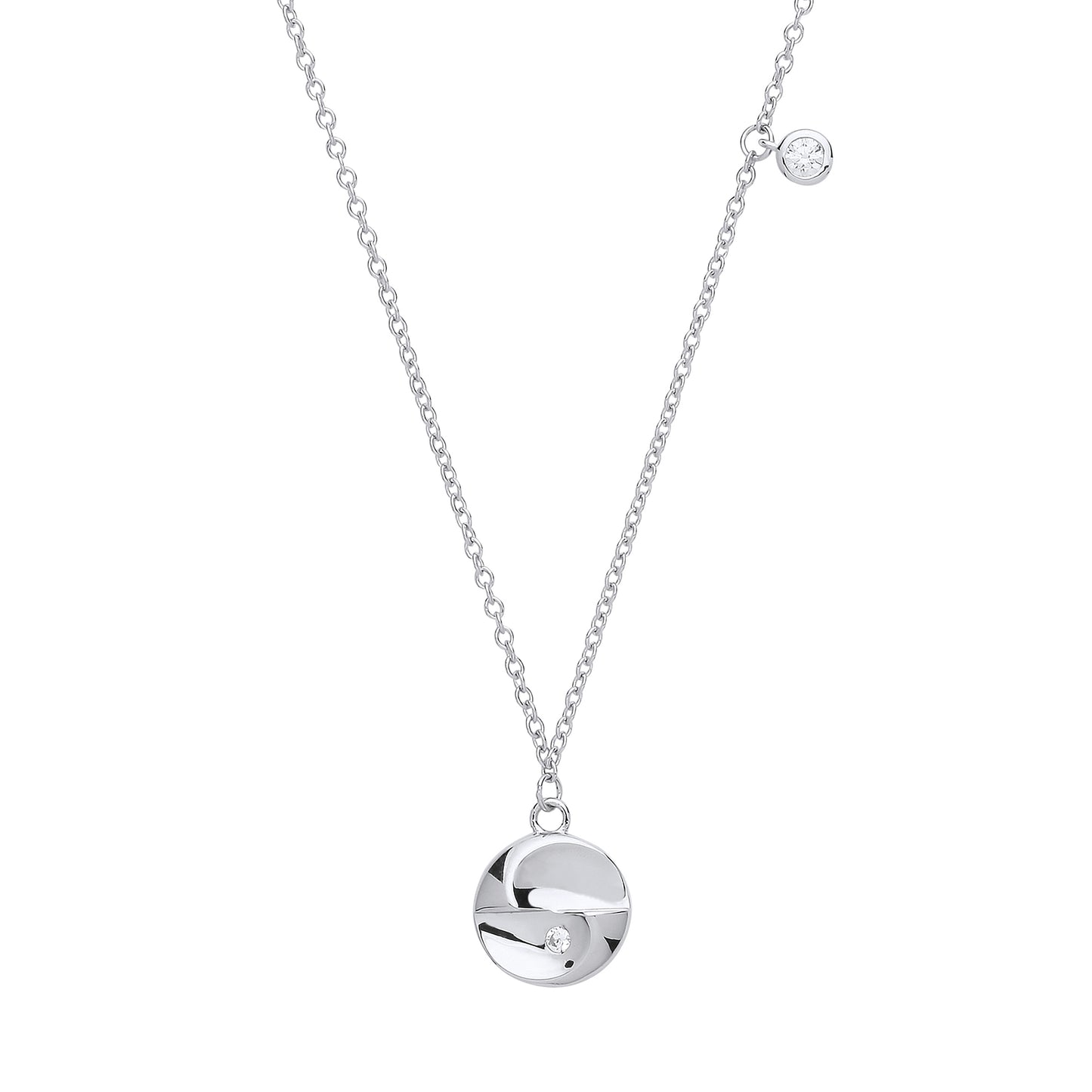 Silver  CZ Concave Disc Charm Necklace 18 inch - GVK252