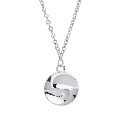 Silver  CZ Concave Disc Charm Necklace 18 inch - GVK252