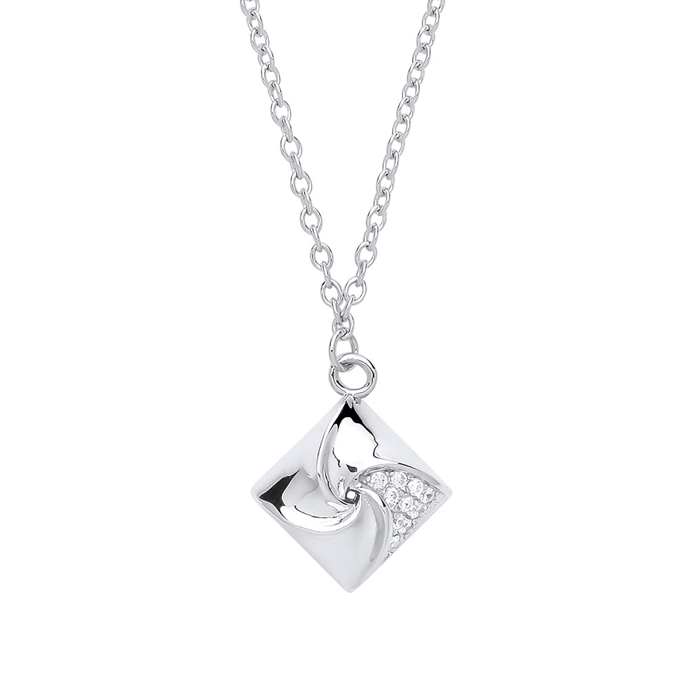 Silver  CZ Swirling Square Charm Necklace 18 inch - GVK254