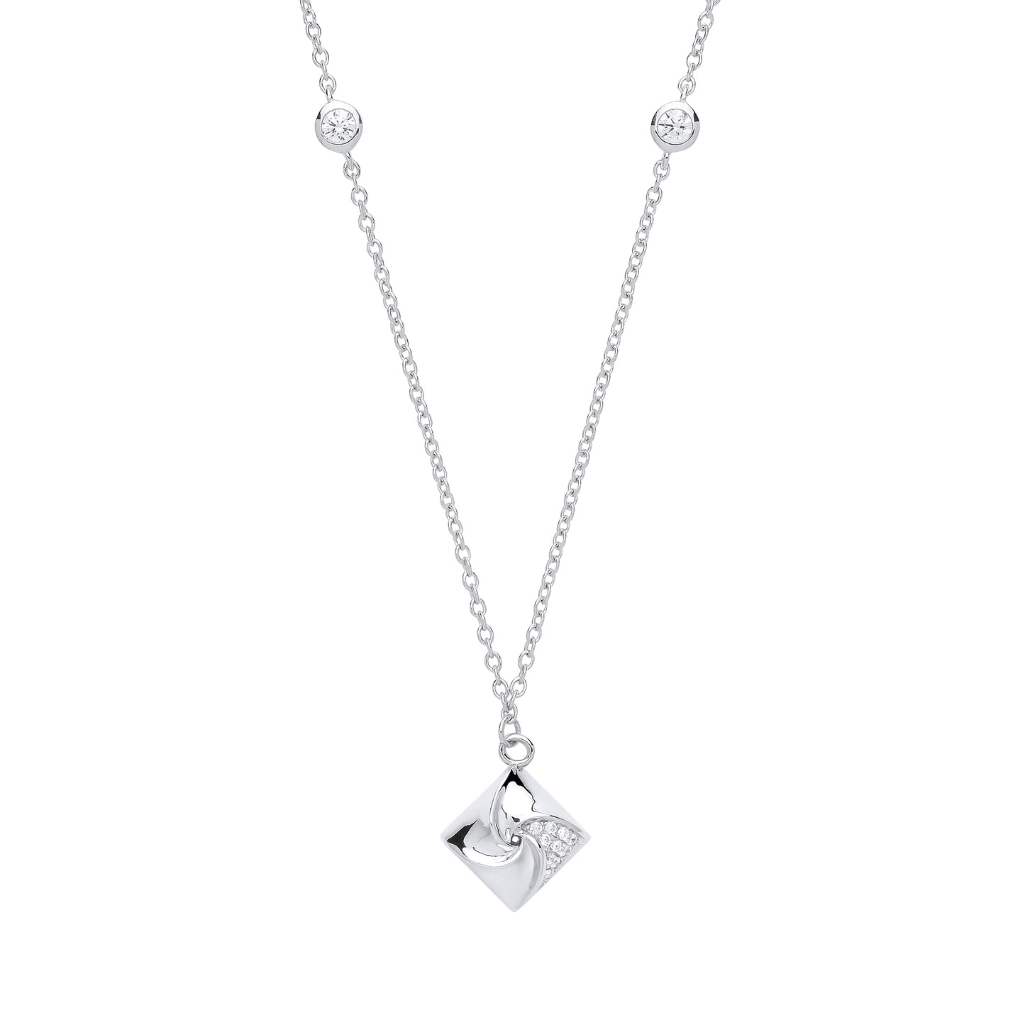 Silver  CZ Swirling Square Charm Necklace 18 inch - GVK254