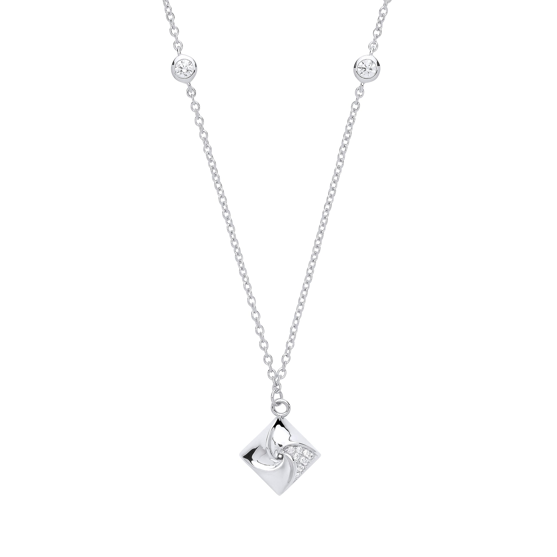 Silver  CZ Swirling Square Charm Necklace 18 inch - GVK254