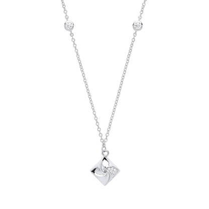 Silver  CZ Swirling Square Charm Necklace 18 inch - GVK254