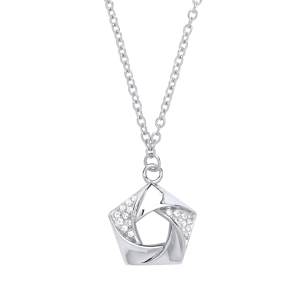 Silver  CZ Swirling Pentagon Flower Charm Necklace 18 inch - GVK256