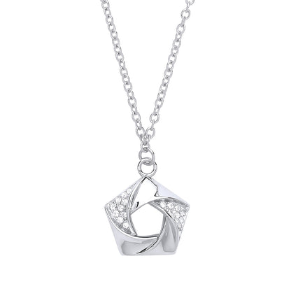 Silver  CZ Swirling Pentagon Flower Charm Necklace 18 inch - GVK256