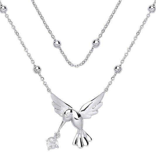 Silver  CZ Hummingbird Solitaire Bead Necklace 17 inch - GVK258