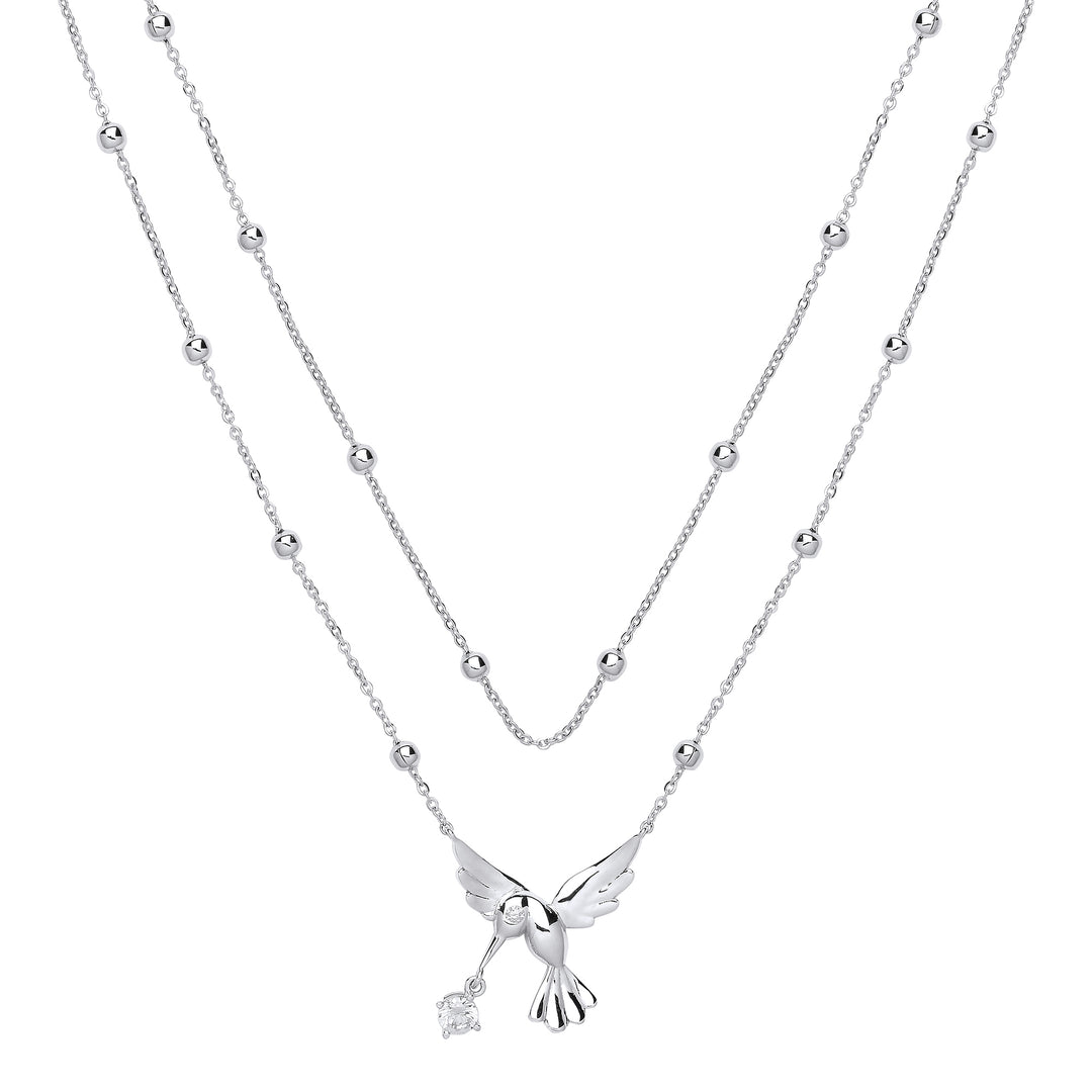 Silver  CZ Hummingbird Solitaire Bead Necklace 17 inch - GVK258