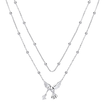 Silver  CZ Hummingbird Solitaire Bead Necklace 17 inch - GVK258