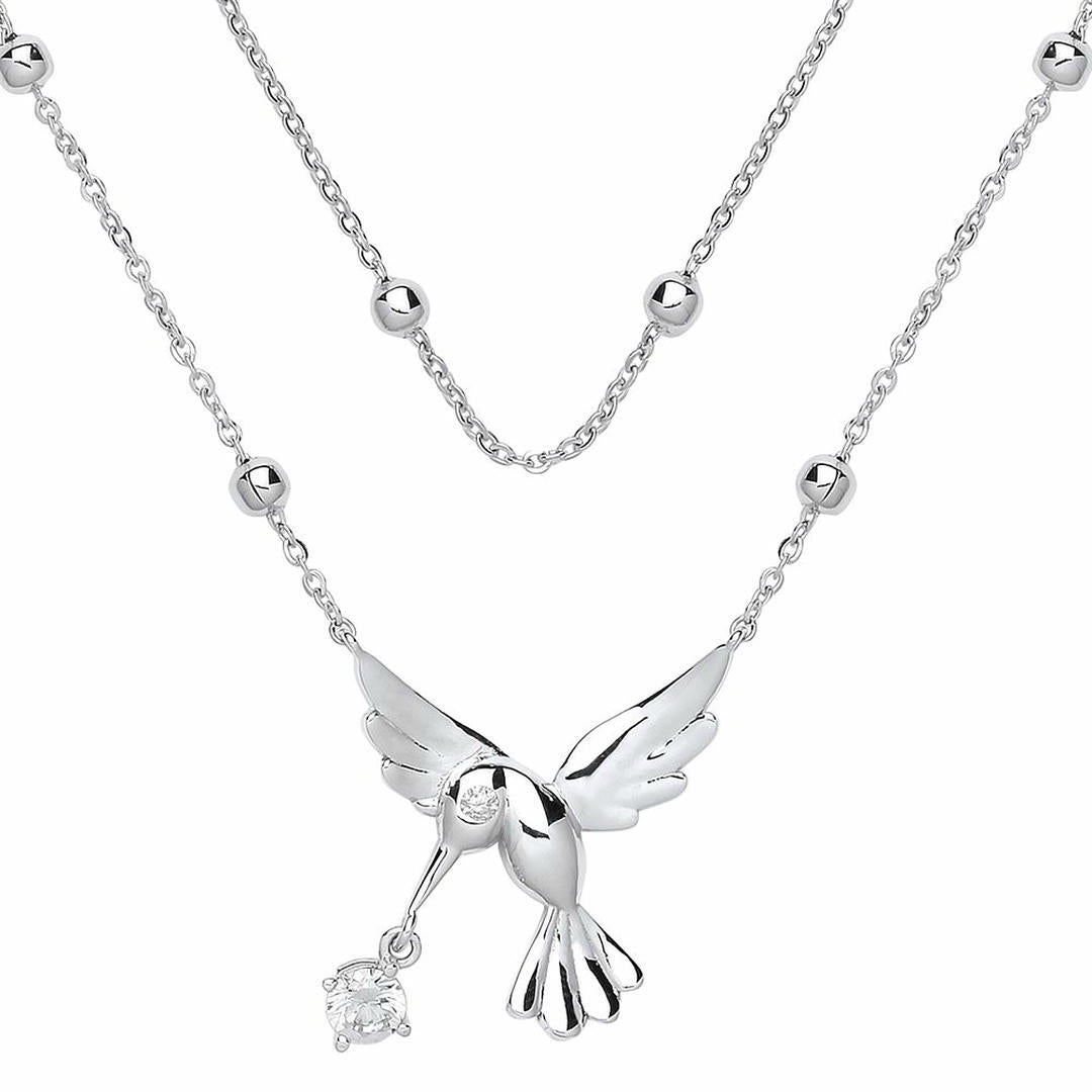 Silver  CZ Hummingbird Solitaire Bead Necklace 17 inch - GVK258