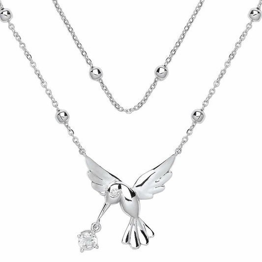 Silver  CZ Hummingbird Solitaire Bead Necklace 17 inch - GVK258