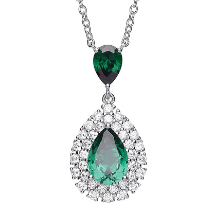 Silver  Green Pear CZ Tears of Joy Halo Pendant Necklace 18inch - GVK261