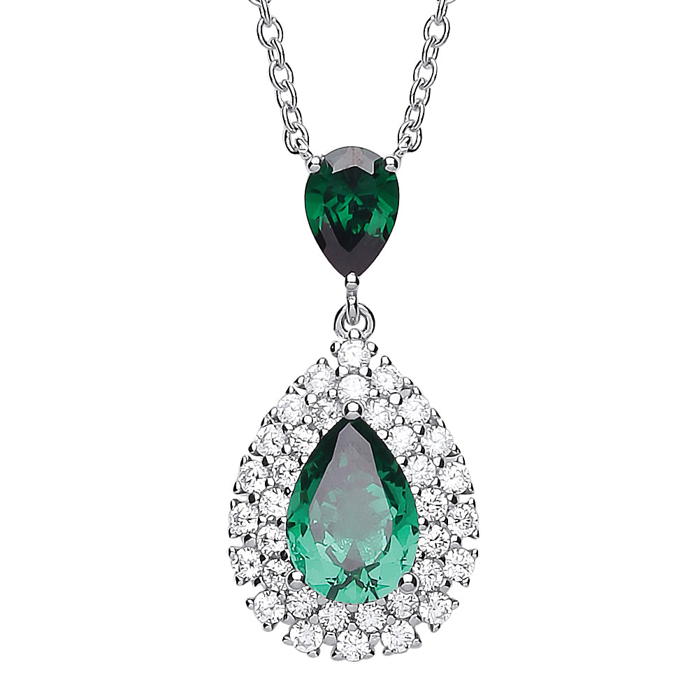 Silver  Green Pear CZ Tears of Joy Halo Pendant Necklace 18inch - GVK261