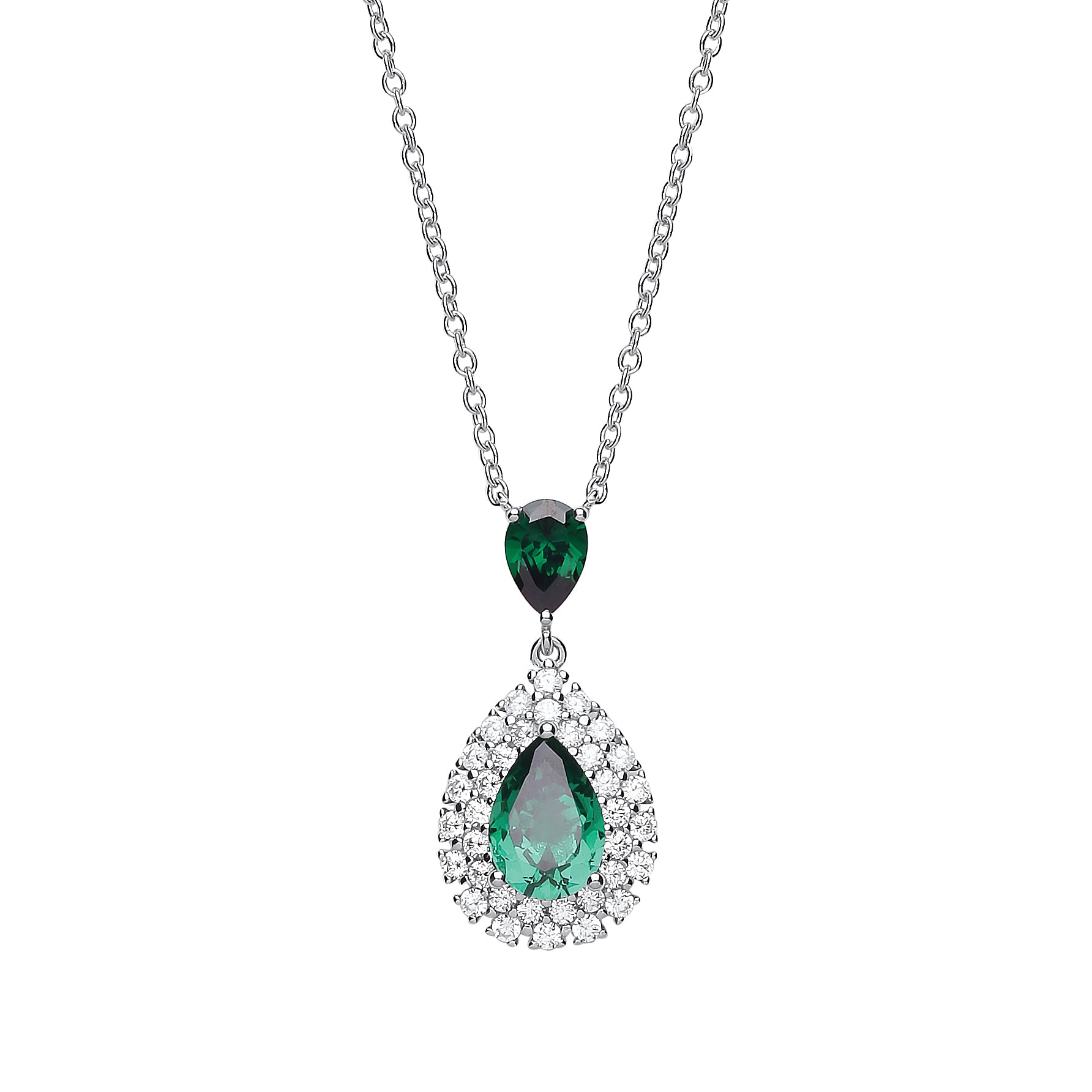 Silver  Green Pear CZ Tears of Joy Halo Pendant Necklace 18inch - GVK261