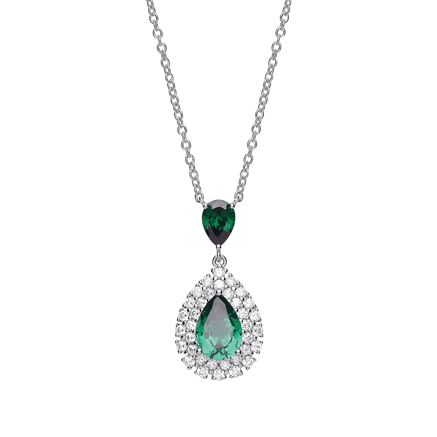 Silver  Green Pear CZ Tears of Joy Halo Pendant Necklace 18inch - GVK261