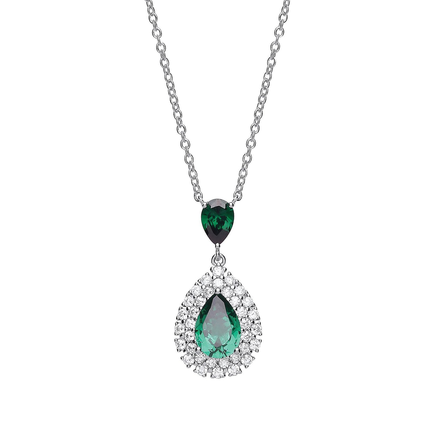 Silver  Green Pear CZ Tears of Joy Halo Pendant Necklace 18inch - GVK261