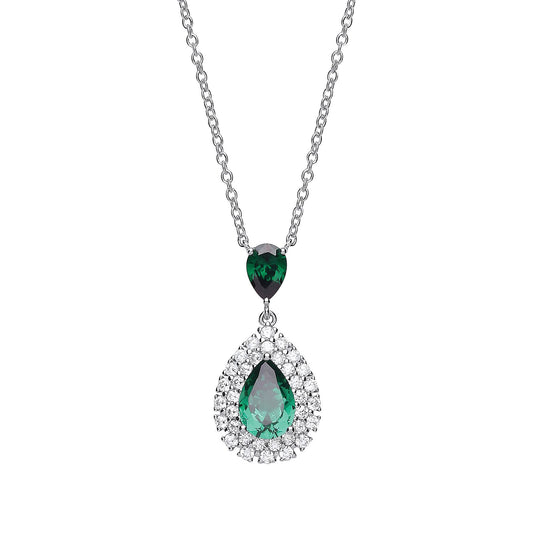 Silver  Green Pear CZ Tears of Joy Halo Pendant Necklace 18inch - GVK261