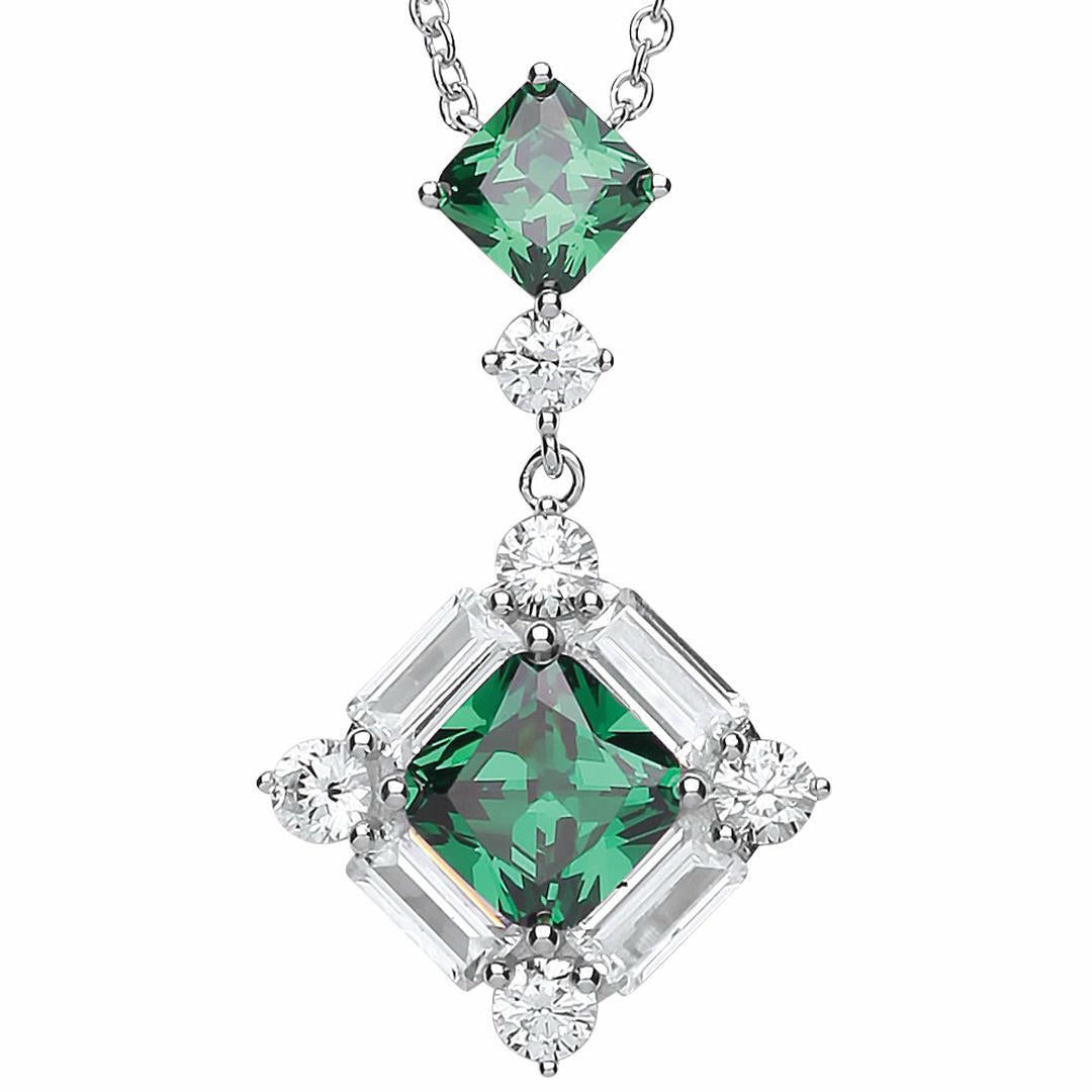 Silver  Green Princess Cut CZ Square Frame Pendant Necklace 18inch - GVK262