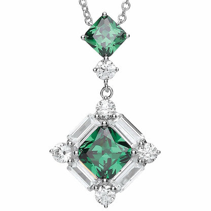 Silver  Green Princess Cut CZ Square Frame Pendant Necklace 18inch - GVK262