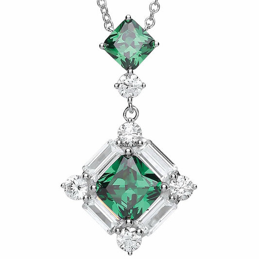 Silver  Green Princess Cut CZ Square Frame Pendant Necklace 18inch - GVK262