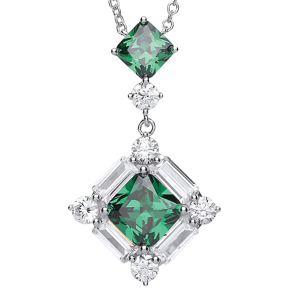 Silver  Green Princess Cut CZ Square Frame Pendant Necklace 18inch - GVK262