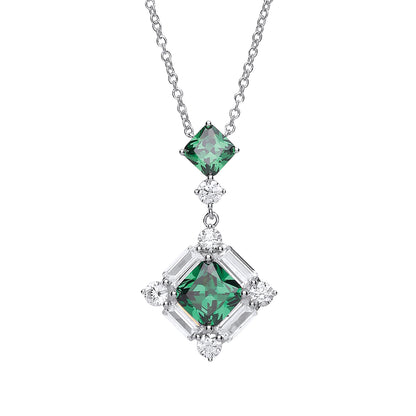 Silver  Green Princess Cut CZ Square Frame Pendant Necklace 18inch - GVK262