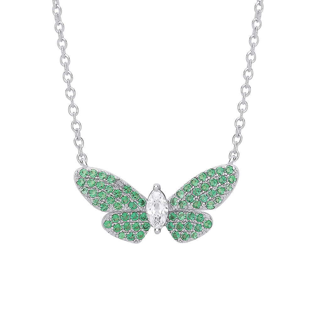 Silver  Green Marquise CZ Peacock Butterfly Charm Necklace 16" - GVK263