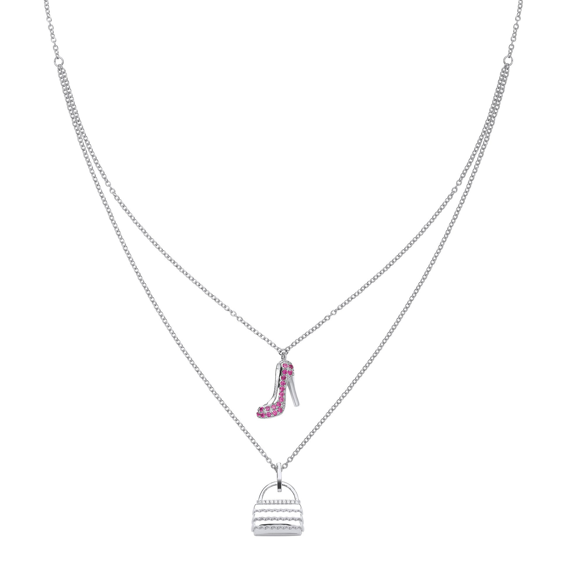 Silver  Pink CZ Clutch Handbag Stiletto Heel Charm Necklace 16" - GVK264