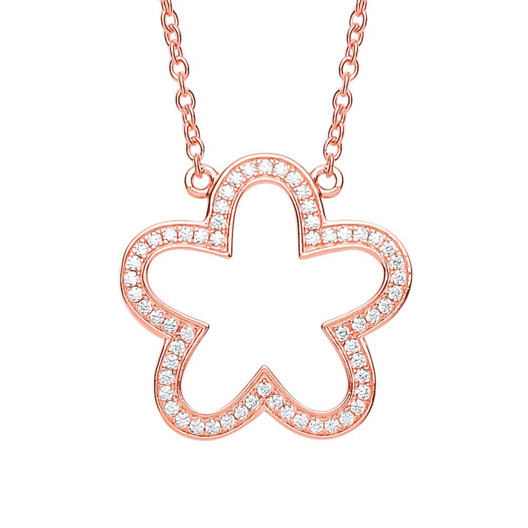 Rose Silver  CZ Daisy Flower Outline Charm Necklace 17 inch - GVK267