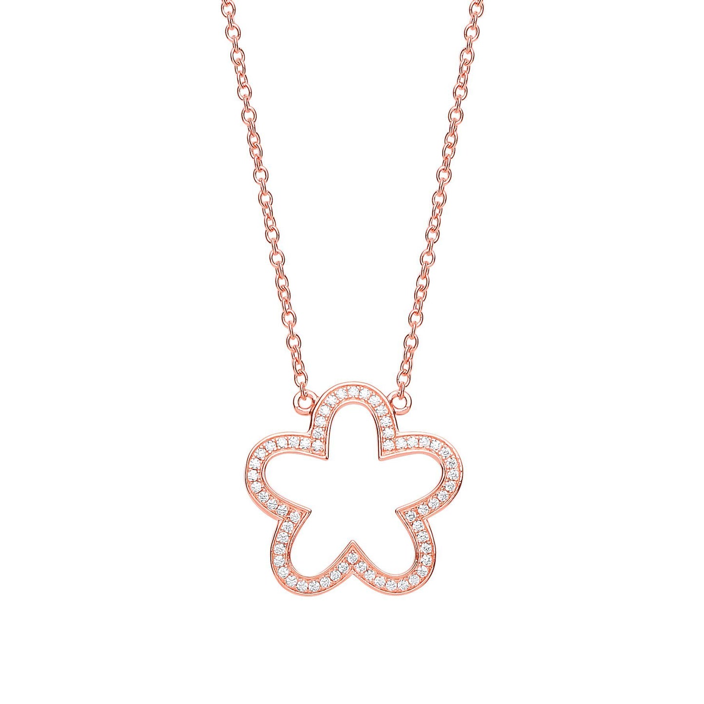 Rose Silver  CZ Daisy Flower Outline Charm Necklace 17 inch - GVK267