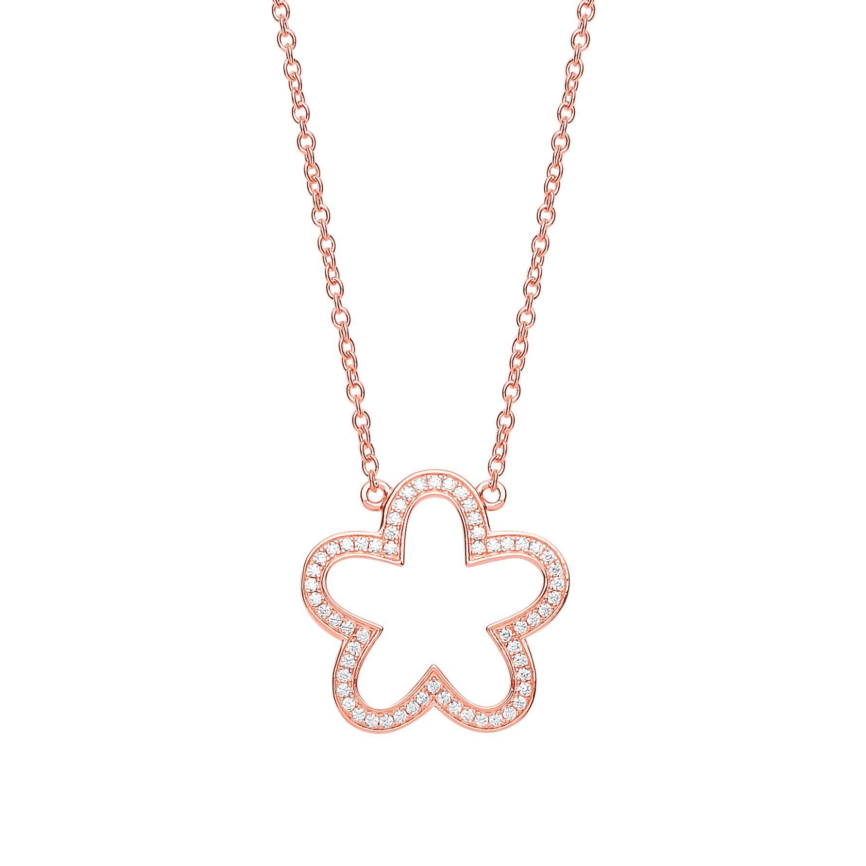 Rose Silver  CZ Daisy Flower Outline Charm Necklace 17 inch - GVK267