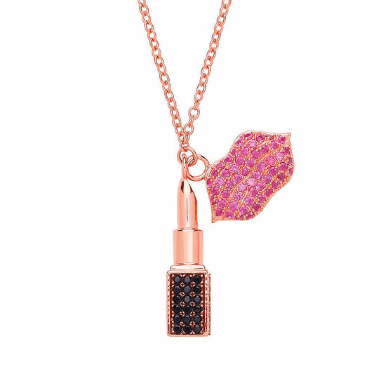 Rose Silver  Pink Black CZ Lipstick Lips Kiss Charm Necklace 18" - GVK268